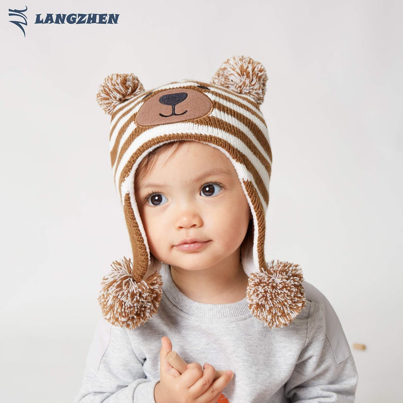 LANGZHEN Toddler Kids Infant Winter Hat,Earflap Knit Warm Cap Fleece Lined Beanie for Baby Boys Girls (Brown, M) - Image 3